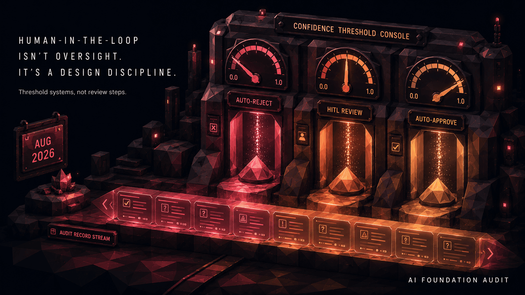 Faceted-scenographic confidence-threshold console with audit-trail ribbon and an AUG 2026 deadline marker — HITL design discipline.